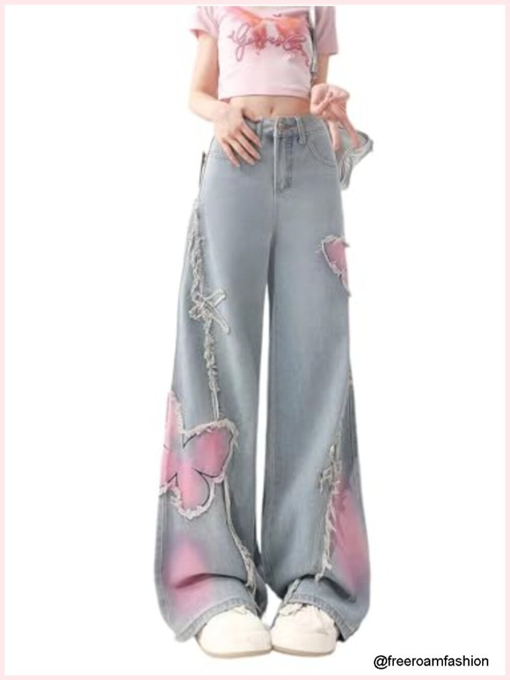 Y2K Baggy Ripped Jeans Wide Leg Butterfly Print Star Patch Distressed Denim